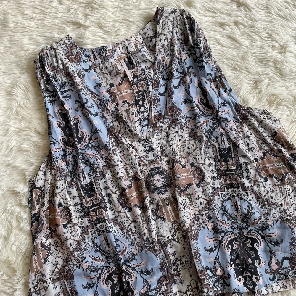 Free People Blouse Darcy Swing Tank Top Bohemian Boho Print Blue S
